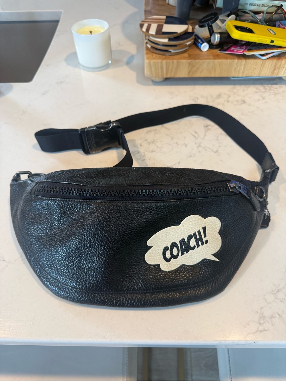 Coach Black Leather Belt Bag with White Logo Bubble